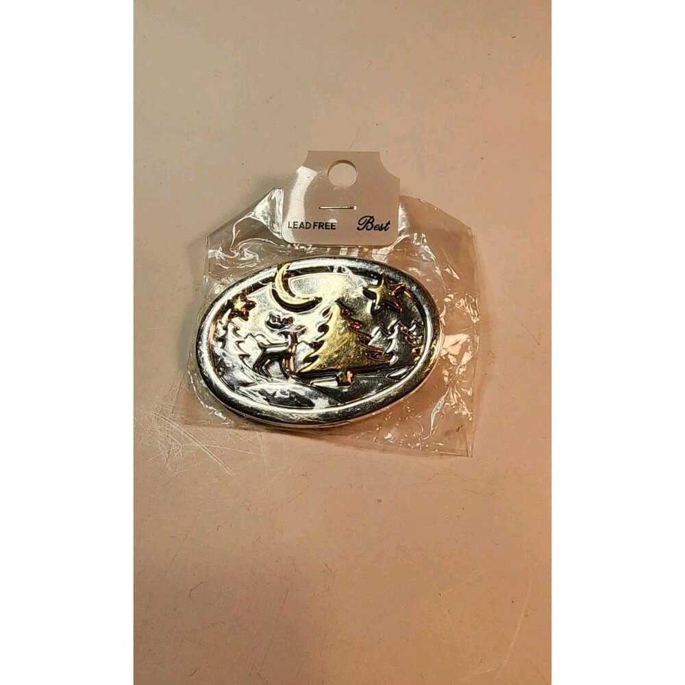 BEST Oval Christmas Tree Reindeer Two Tone Brooch Pendant Vintage New In Pkg